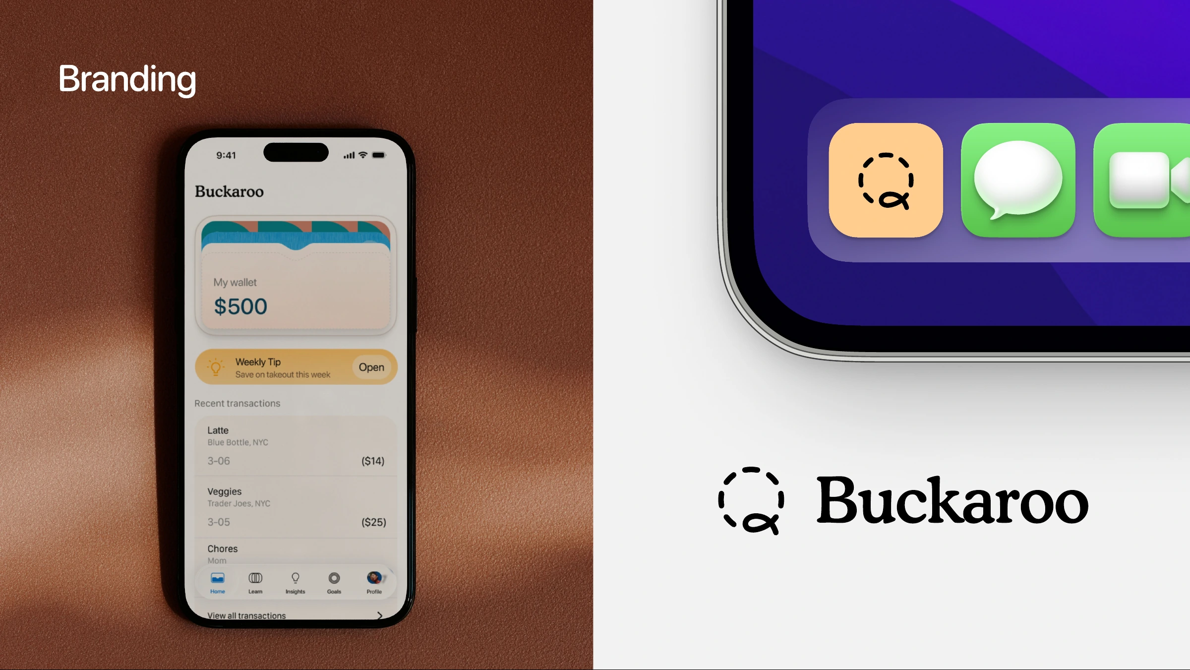 Buckaroo brand presentation with a wallet phone mockup, app icon, and wordmark