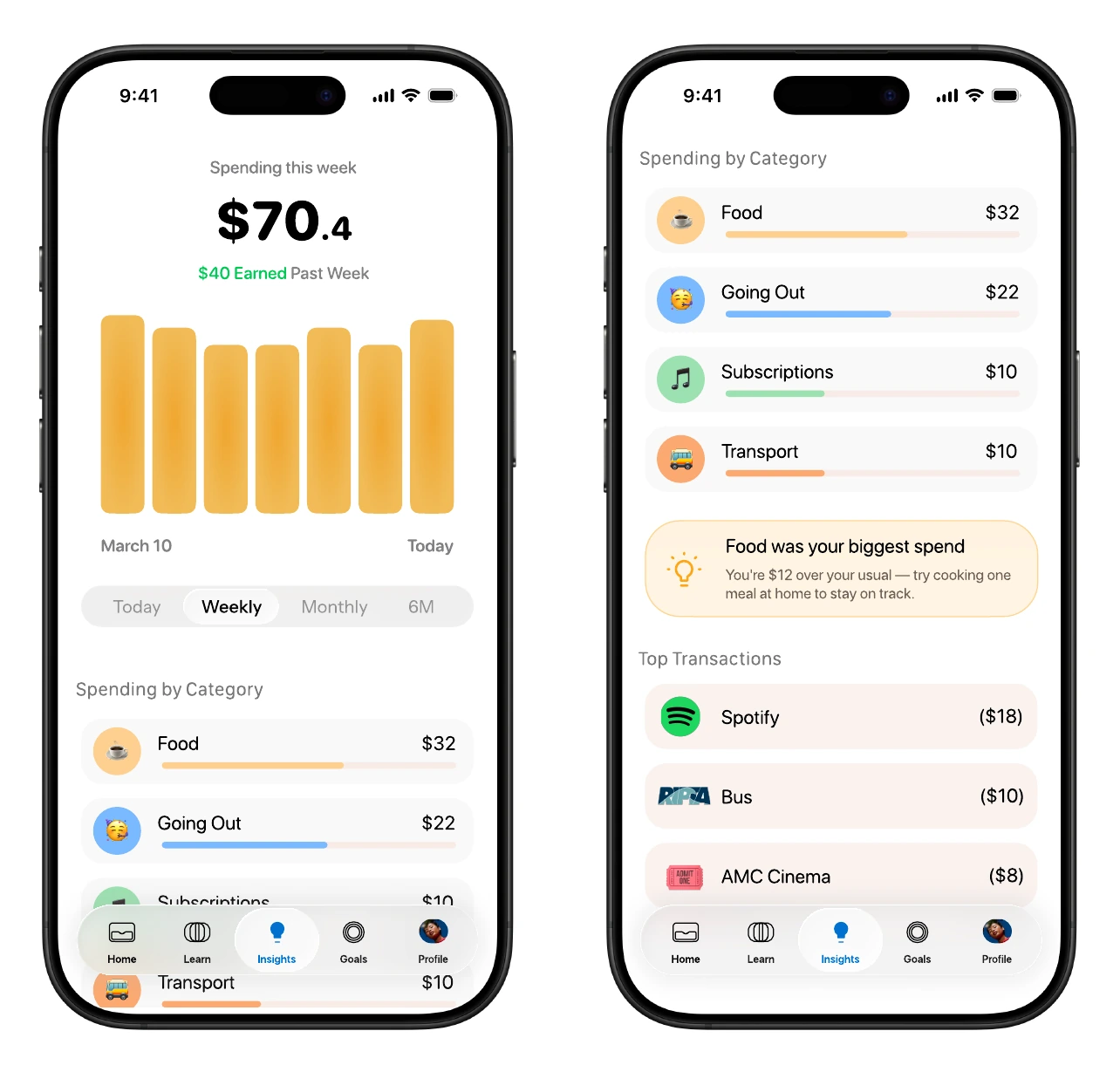Buckaroo Insights screens with weekly spending chart, categories, and contextual guidance