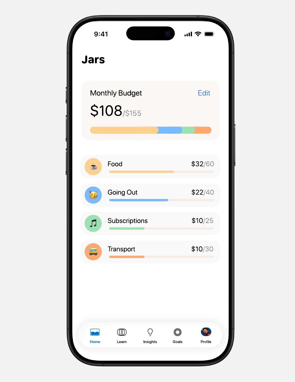 Buckaroo Jars screen showing a monthly budget and four spending categories