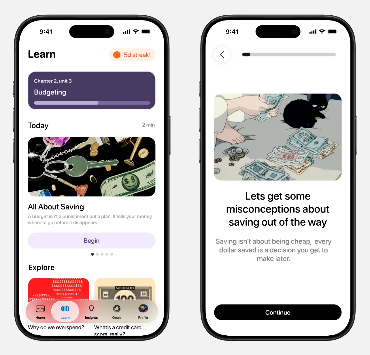 Buckaroo Learn page with a budgeting path and an illustrated saving lesson