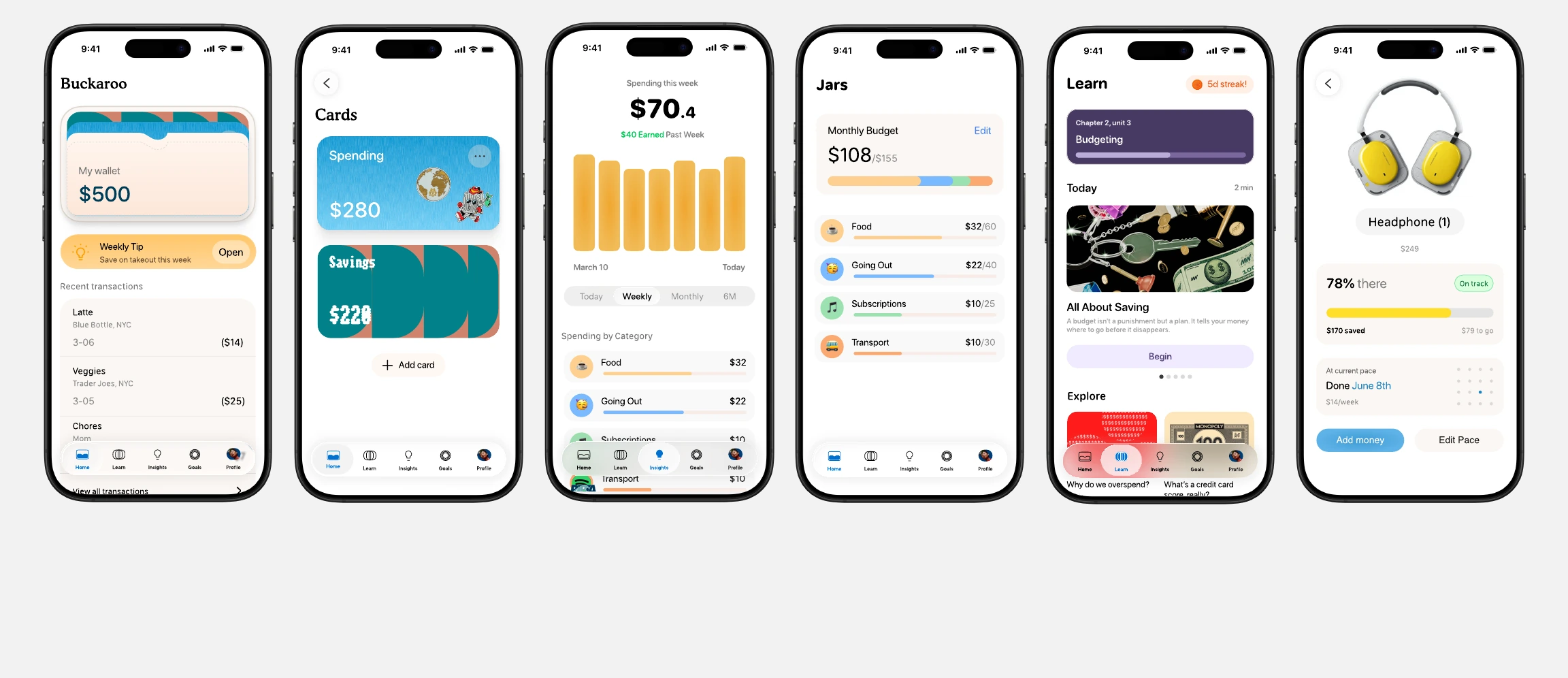 Six Buckaroo app screens showing the wallet, cards, insights, jars, lessons, and savings goal