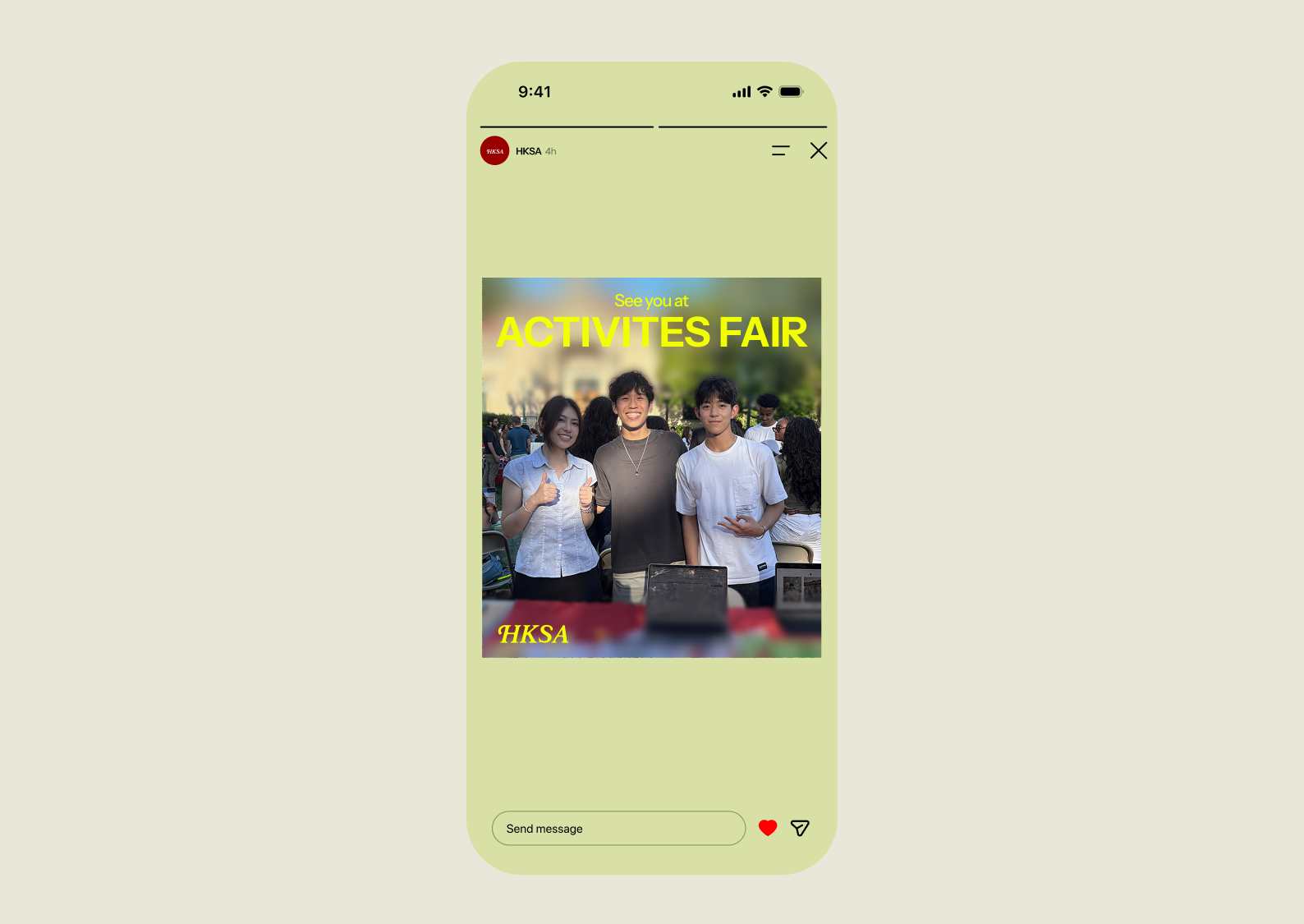 HKSA activities fair Instagram story in a pale green phone on a cream background