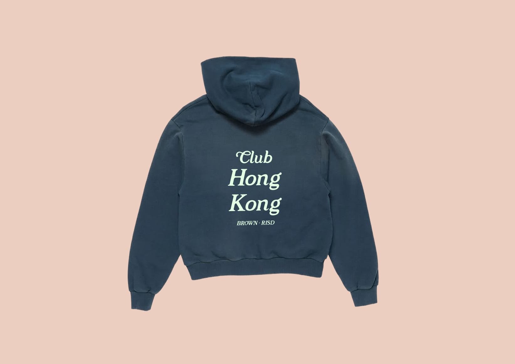 Navy Club Hong Kong hoodie with cream lettering on a peach background