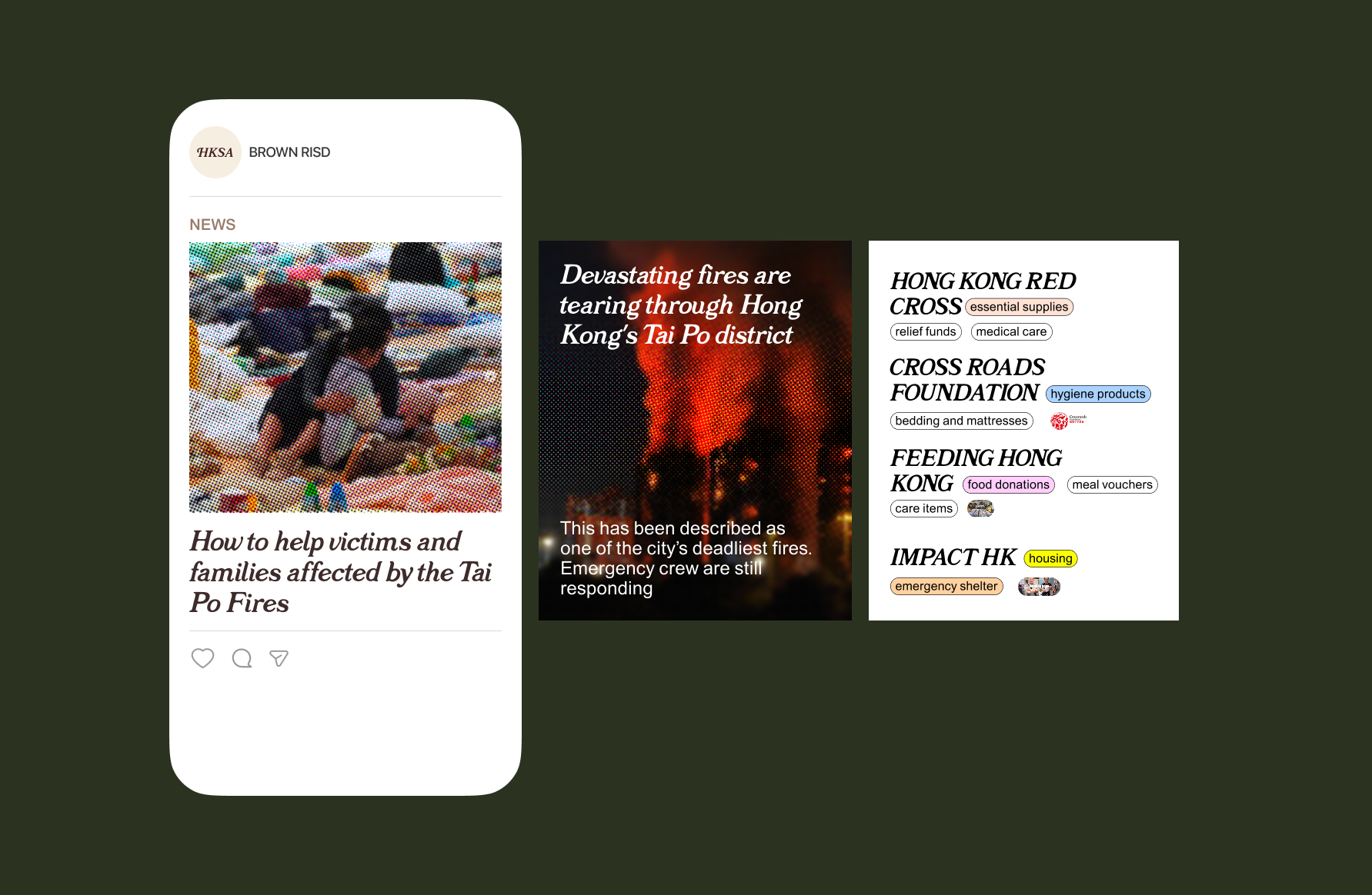 HKSA community news and relief resource graphics on an olive green background