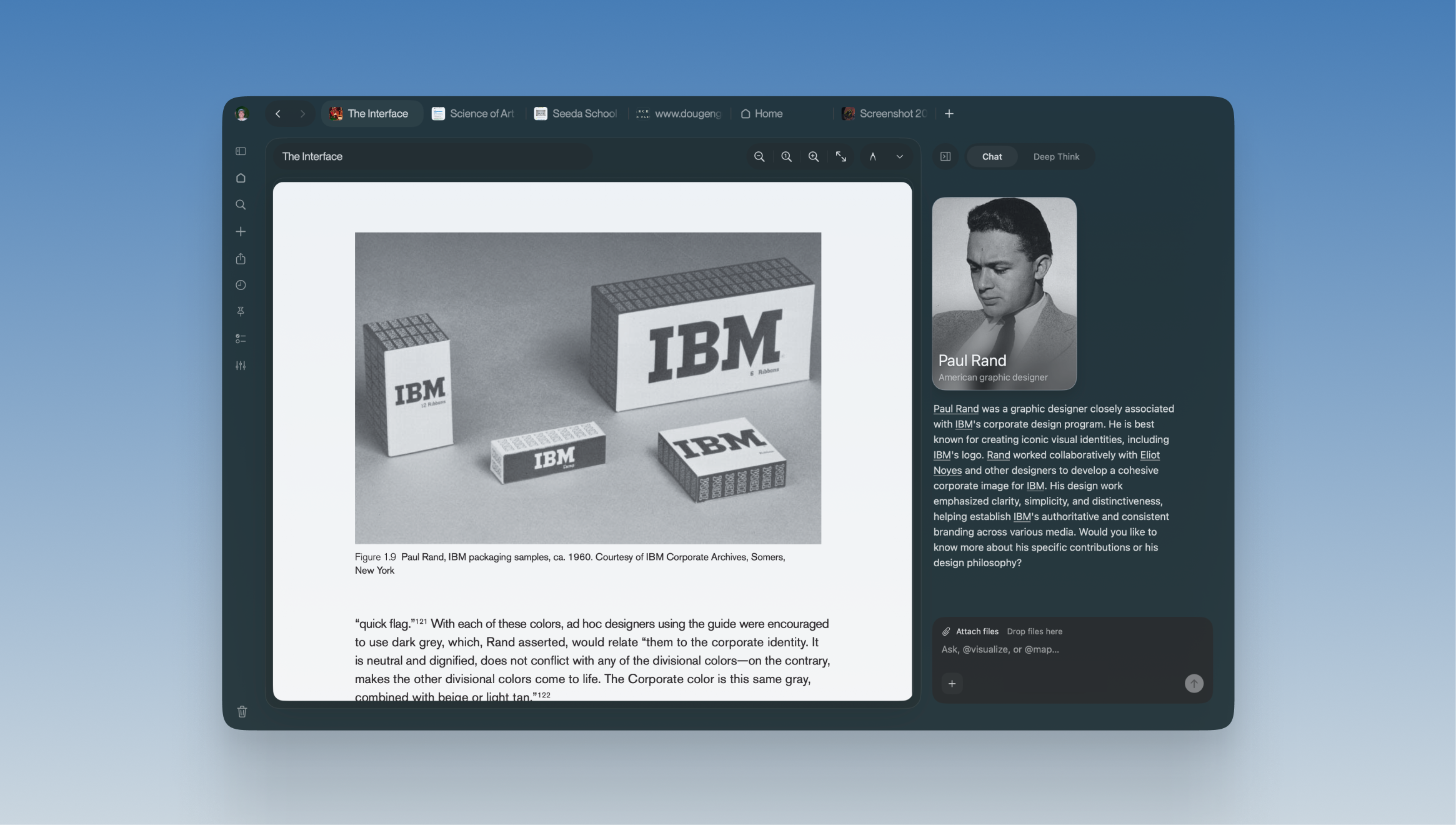Maestro reading interface with an IBM design document and contextual Paul Rand discussion