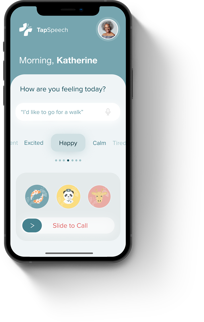 TapSpeech home screen with daily mood options and emergency contacts
